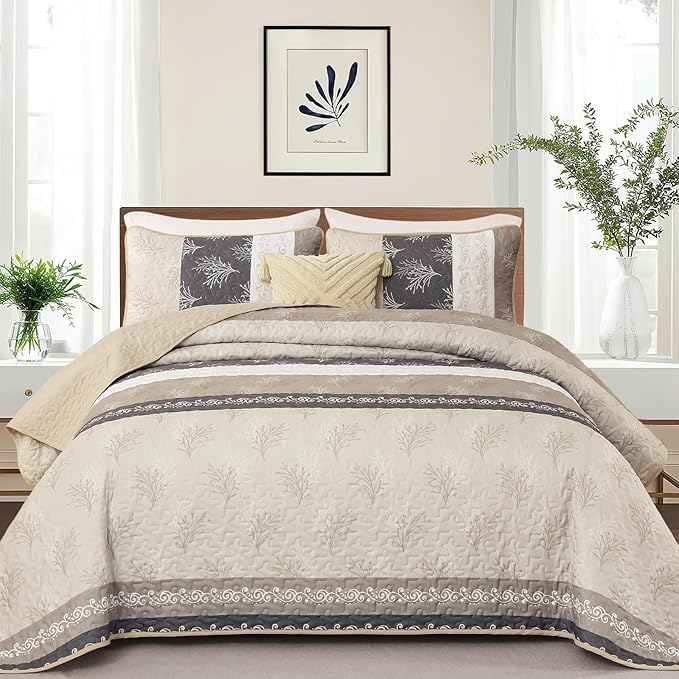 DJY Beige Quilt Set Queen Size Striped Bedspread Coverlet Set 3 Pieces Boho - Image 2