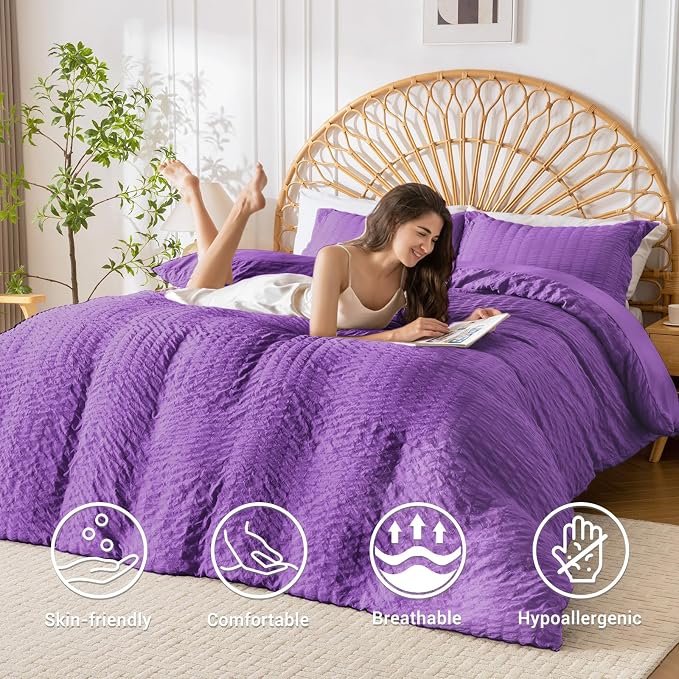 HYMOKEGE Dark Purple Duvet Cover Full Size, Ultra Soft 3-Piece Seersucker Duvet - Image 2