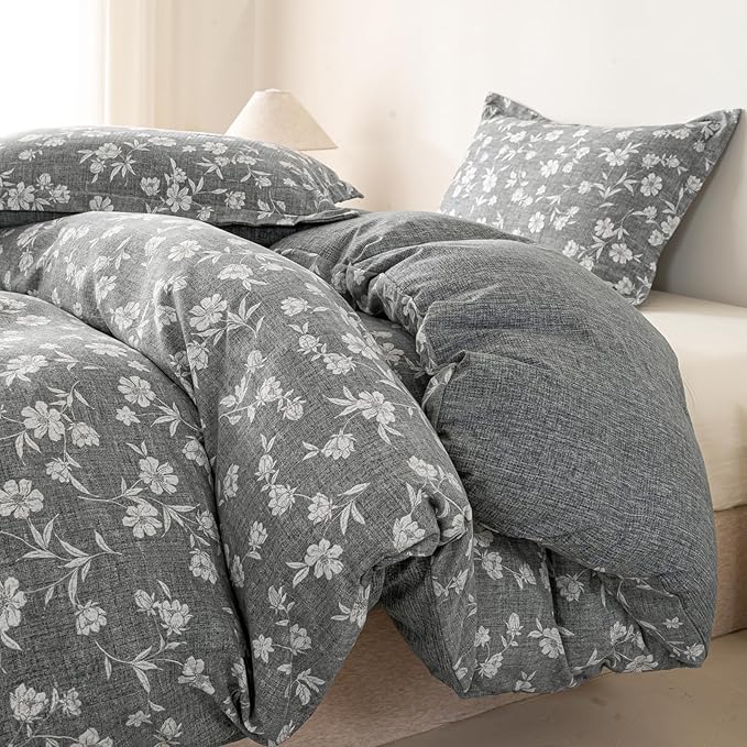 OAITE Grey Flower Queen Size Duvet Cover-3 Pieces Prewashed Cotton-Like - Image 2