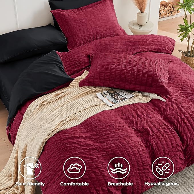 HYMOKEGE Red & Black Queen Comforter Set Seersucker 7 Pieces, All Season Luxury - Image 3
