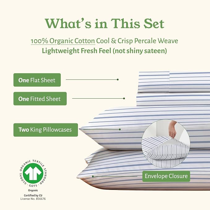 California Design Den California King Sheet Stripe, 100% Organic Cotton Percale - Image 5