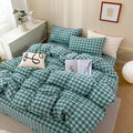 mixinni Green Gingham Grid Duvet Cover King, 100% Washed Cotton Modern by mixinni