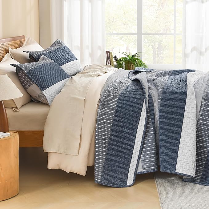 Litanika Queen Quilt Set Navy Blue, Stripe Patchwork Bedspread Coverlet 3 Pieces - Image 2