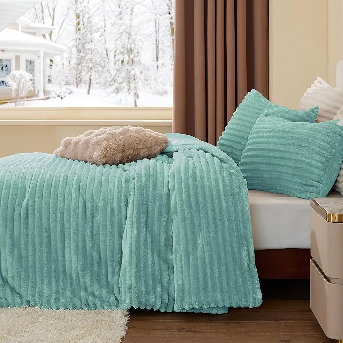 BEDELITE Fleece Queen Comforter Set -Super Soft & Warm Fluffy Haze Blue Bedding - Image 4