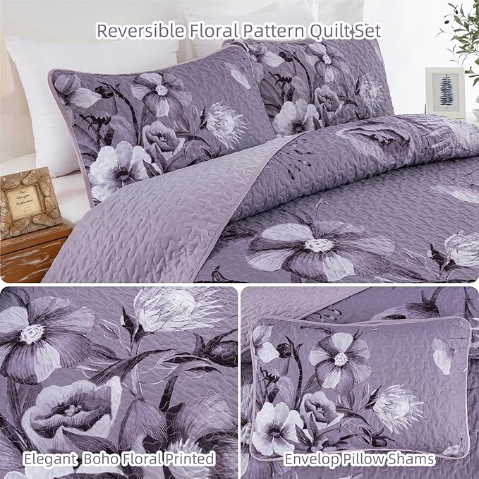Floral Quilt Set Queen 3 Pieces Dark Purple Boho Flower Quilt Coverlet Set Soft - Image 6