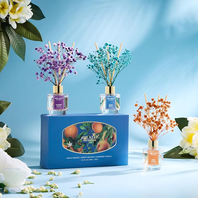 Airkeep Reed Diffuser Set of 3, Ocean Breeze Sweet Orange Cashmere Vanilla Oil - Image 5