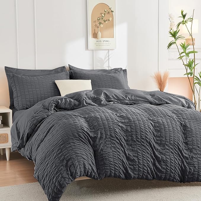 HYMOKEGE Dark Grey Duvet Cover Full Size, Ultra Soft 3-Piece Seersucker Duvet - Image 4