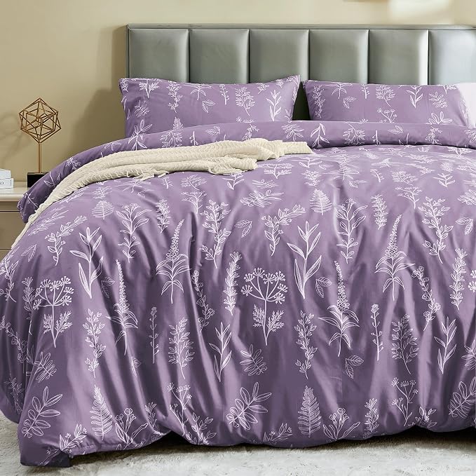 MUXHOMO Duvet Cover King Size, Reversible Floral Grayish Purple Duvet Cover Set by MUXHOMO