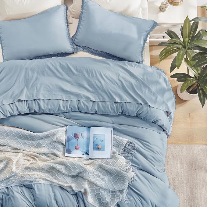 Andency Grayish Blue Comforter Set California King, 3 Pieces Boho Tassel - Image 4
