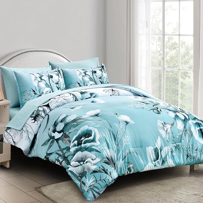 Luxudecor Floral Comforter Set King Size 7 Piece, Aqua Flower Bed in a Bag - Image 2