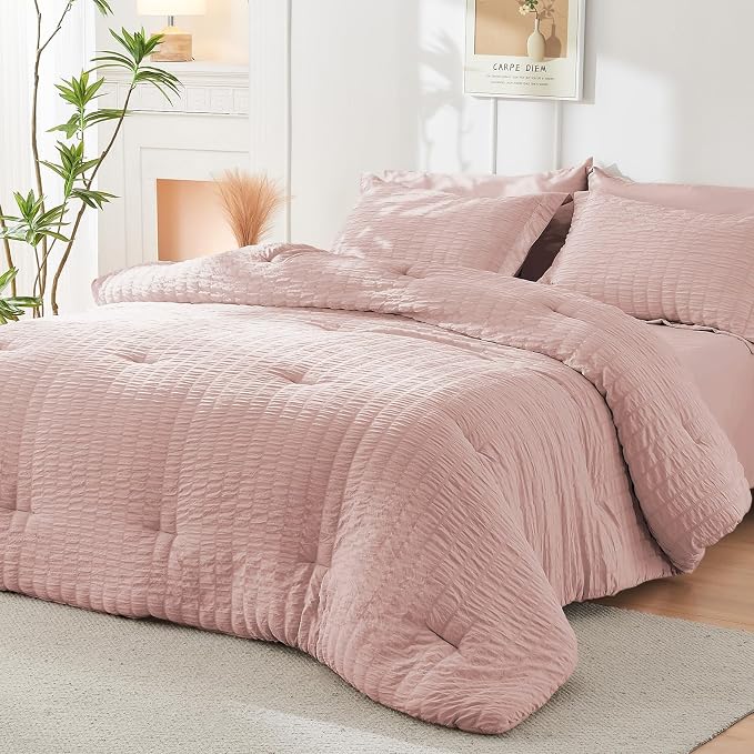 HYMOKEGE Rose Gold King Size Comforter Set Seersucker 7 Pieces, All Season - Image 8