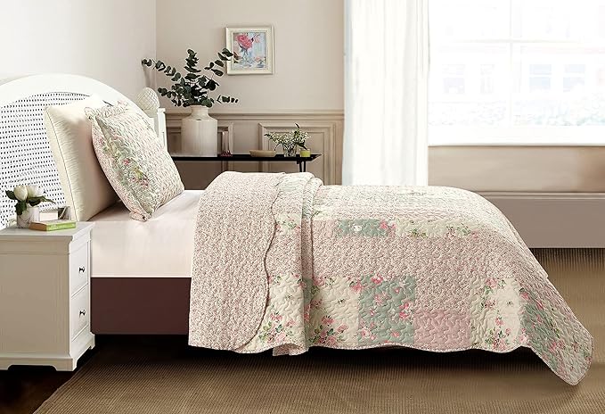 Brilliant Sunshine Rose and Sage Quilt Set, 2-Piece Bedding Sets, Traditional - Image 2