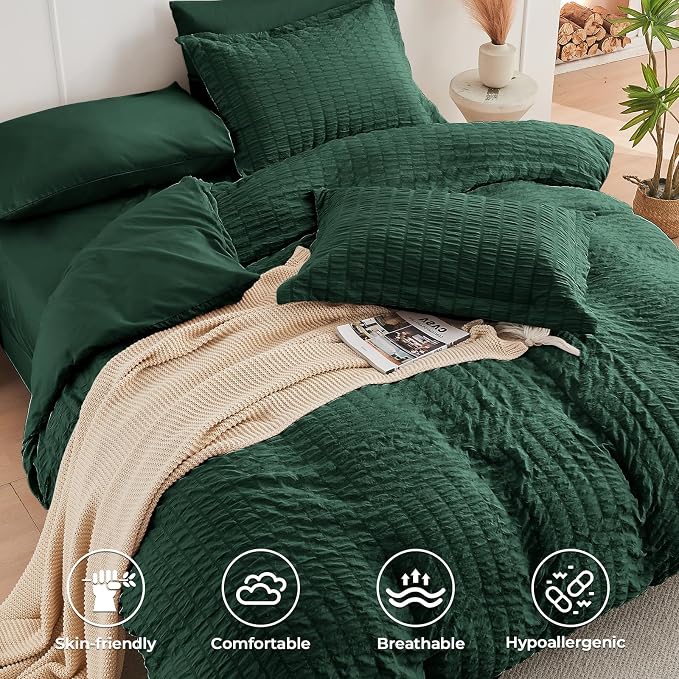 HYMOKEGE Emerald Green Twin Comforter Set Seersucker 5 Pieces, All Season - Image 3
