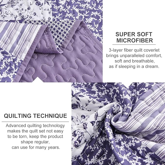 Mybedsoul Purple Quilt Set Full Size, 3 Pieces Plaid Floral Bedspread Set - Image 3