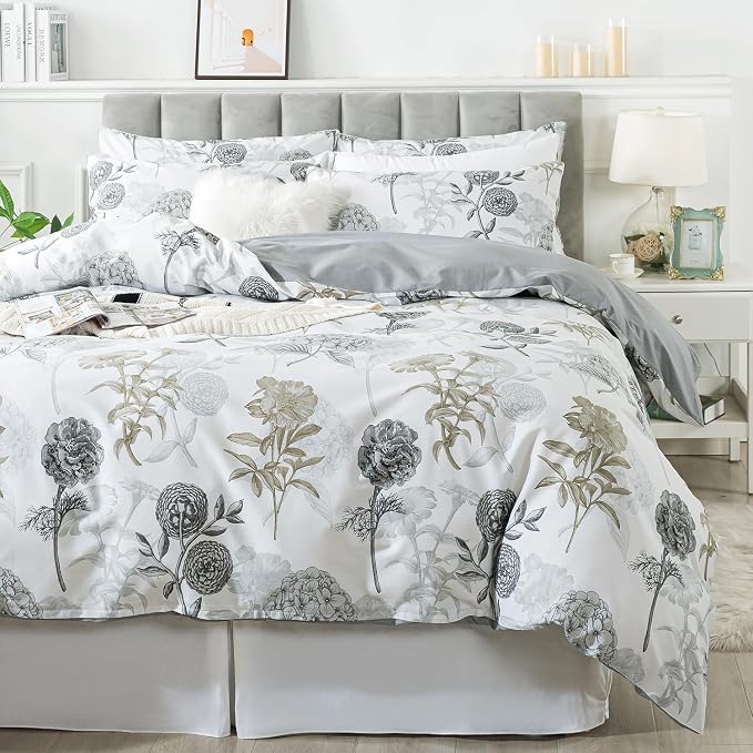 FADFAY Floral Duvet Cover Sets King/Cal King 100% Cotton Ink Grey Vintage - Image 9