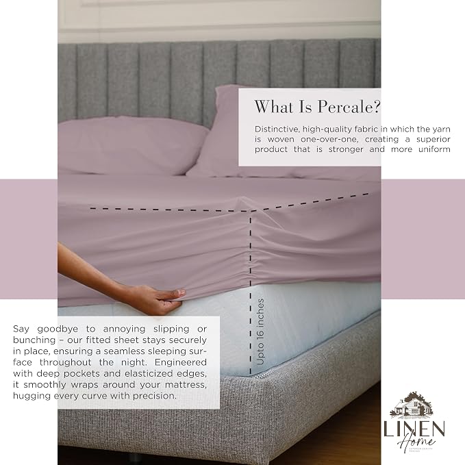 Linen Home 100% Cotton Percale Sheets Twin Size, Mauve Lavender, Deep Pocket - Image 4