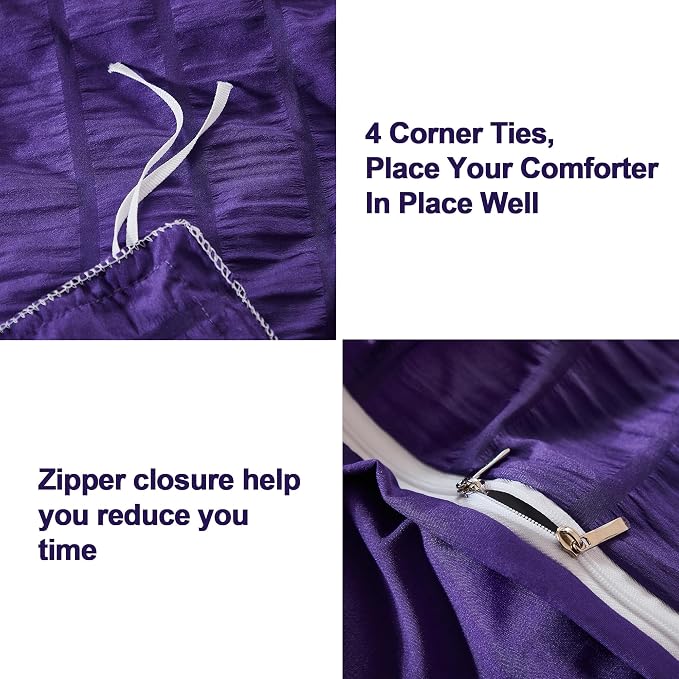 AveLom Dark Purple Duvet Cover Full, 3 Pieces, Seersucker Tripe Soft Washed - Image 4