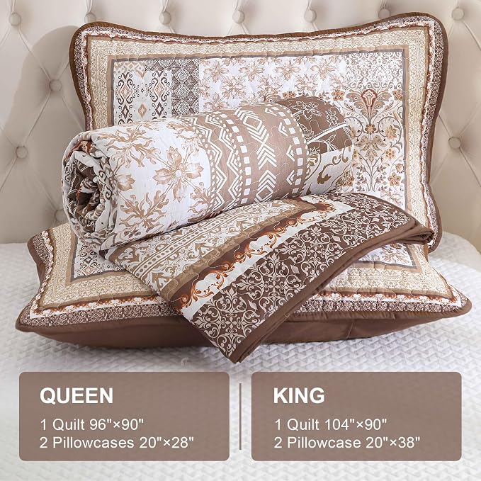WONGS BEDDING Brown Quilt Set King Size, Boho Floral Pattern Bedspread Coverlet - Image 6