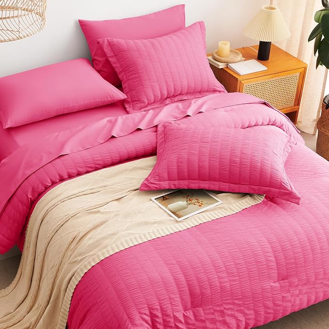 CozyLux Queen Comforter Set Hot Pink Seersucker 7 Pieces Bed in a Bag Queen - Image 6