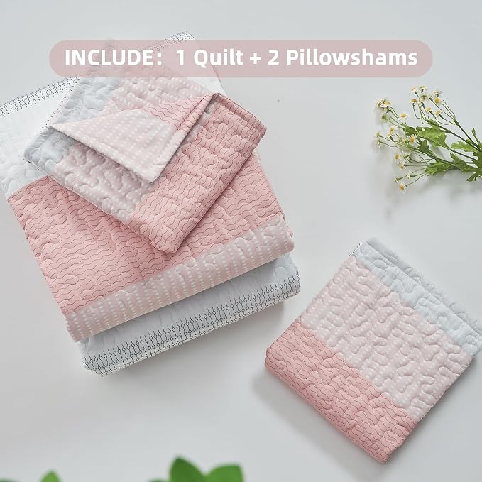 Andency Pink Quilt Cal King, 3 Pieces Patchwork Striped Bedspread Coverlet Set - Image 7