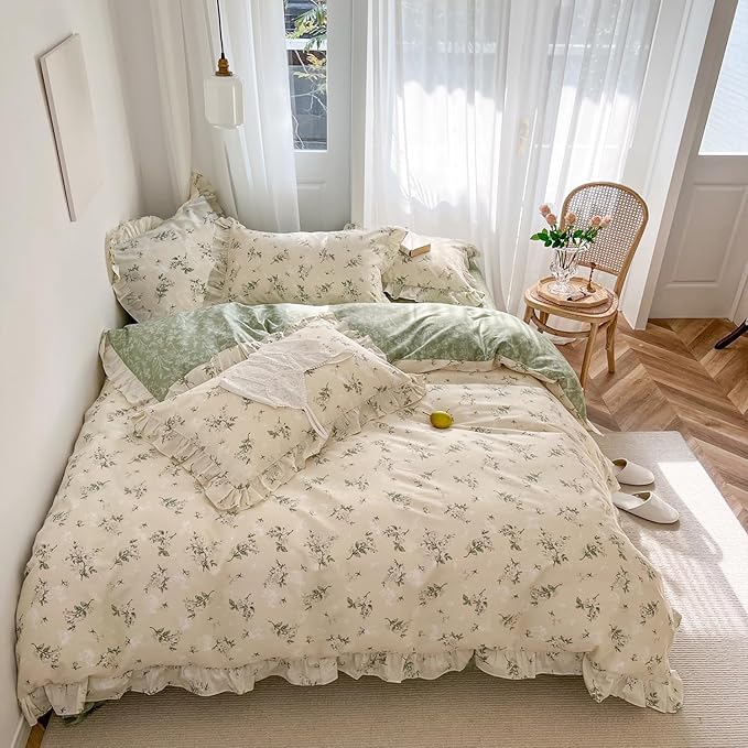 mixinni Reversible Sage Green Floral Duvet Cover Set Queen Size - Image 3