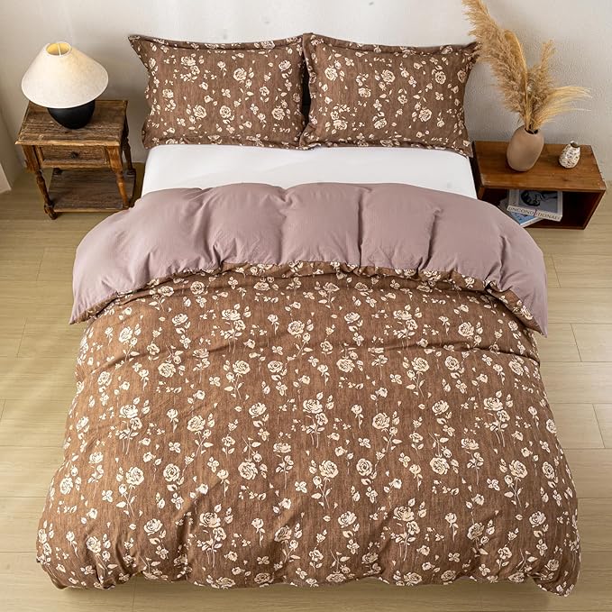 OAITE Brown Flower Queen Size Duvet Cover-3 Pieces Prewashed Cotton-Like - Image 6