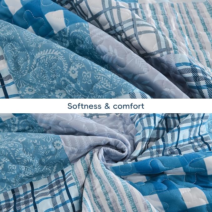 Xruibed Blue Quilt Set King Size 3 Pieces Plaid Floral Boho Bedspread Coverlet - Image 8
