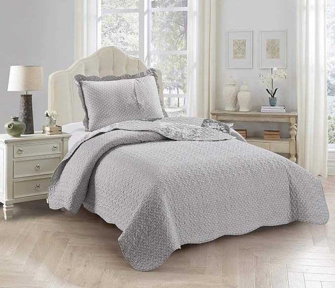 Brilliant Sunshine Grey Toile Floral Patchwork, 2-Piece Quilt Set - Image 2
