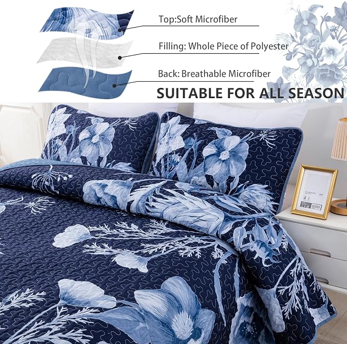 Floral Quilt Set King 3 Pieces Navy Blue Floral Quilt Coverlet Set Soft - Image 5