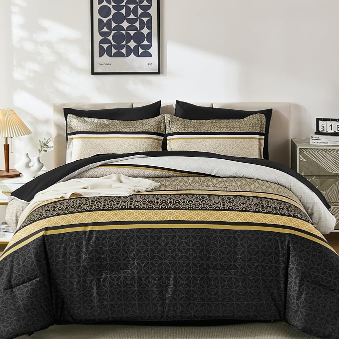 WONGS BEDDING Yellow Black Queen Comforter Set 7 Pieces, Boho Striped Bed in a - Image 8