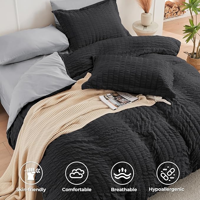 HYMOKEGE Black/Light Grey California King Comforter Set Seersucker 7 Pieces - Image 3