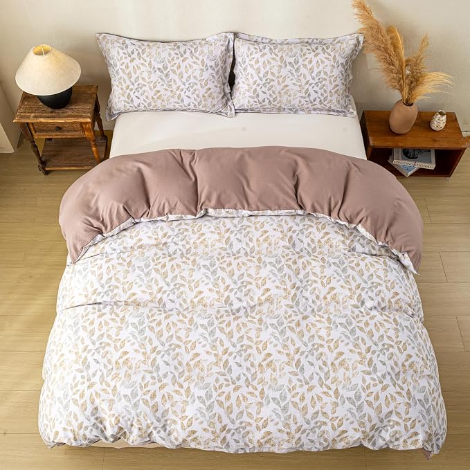 OAITE Brown Leaves Queen Size Duvet Cover-3 Pieces Prewashed Cotton-Like - Image 6