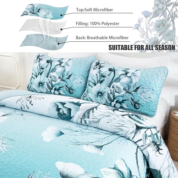 Blue Floral Quilt Set King Size 3 Pieces Boho Flower Quilt Coverlet Set Soft - Image 4