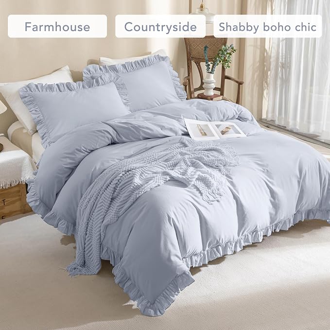 QSH Washed Cotton Ruffle Duvet Cover King Size, 3 Pieces Cornflower Blue - Image 2