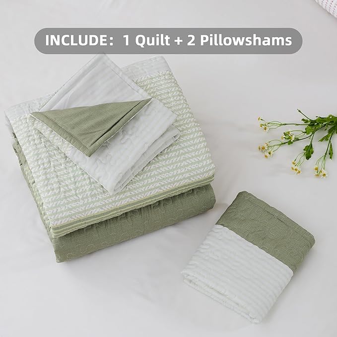 Andency Queen Quilt Bedding Set Weat Green, 3 Pieces Patchwork Summer Striped - Image 6