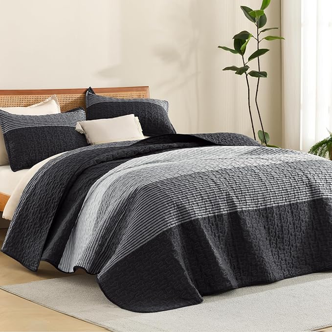 Litanika Twin Quilt Set Black, 68x86 Stripe Bedspread Coverlet 2 Pieces by Litanika