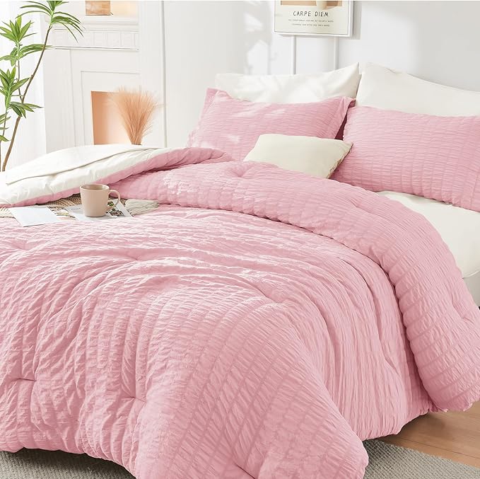 HYMOKEGE Pink/Ivory Full Size Comforter Sets Seersucker 7 Pieces, All Season by HYMOKEGE