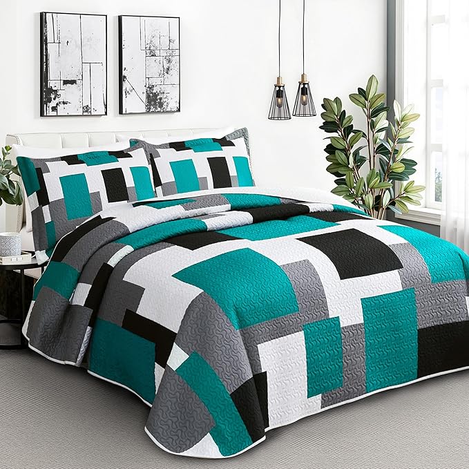Tyrot 2 Piece Teal/Turquoise Grey Quilt Set Twin Size Black White Geometric - Image 2