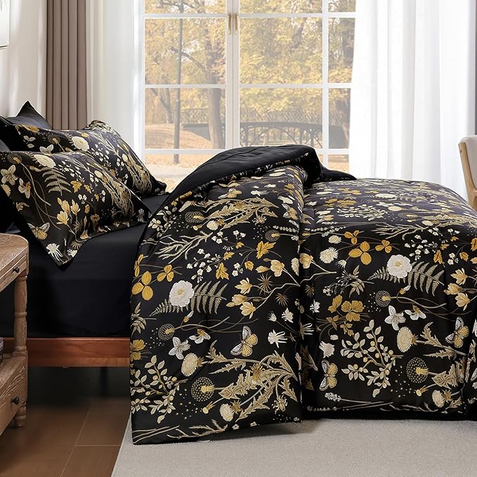 Yiran King Size Comforter Set, 7 Pieces Black Floral Soft Bedding Sets - Image 6