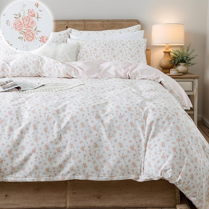 FADFAY Queen Duvet Cover Set Pink Floral Comforter Cover 100% Cotton Girls Pink by CottonWorldSweetDream