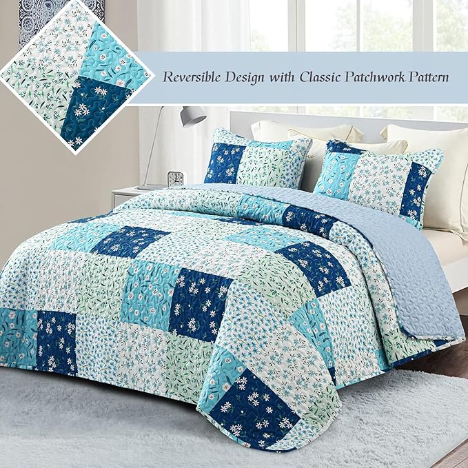 Whale Flotilla Patchwork Quilt Twin Size, Extra Soft Boho Floral Bedspreads - Image 2