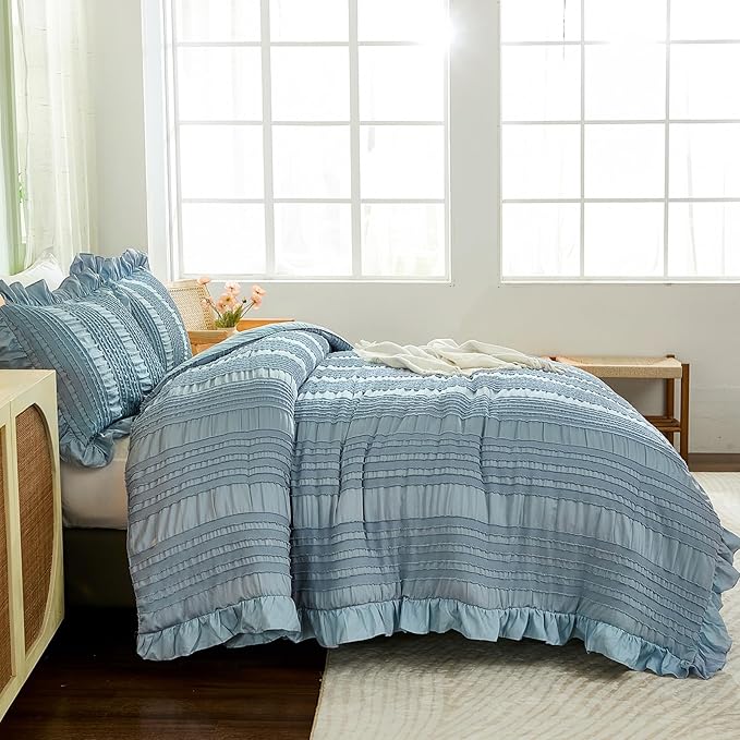 WONGS BEDDING Blue Comforter Set King, 3 Pieces Ruffle Farmhouse Shabby Chic - Image 4