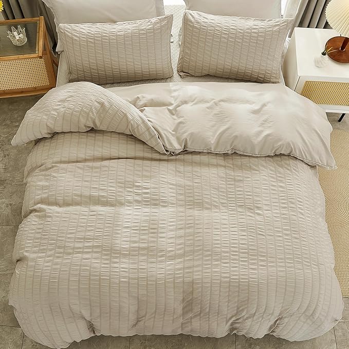 AveLom Beige Seersucker Duvet Cover Set King Size, 3 Pieces, Ultra Soft Washed - Image 7