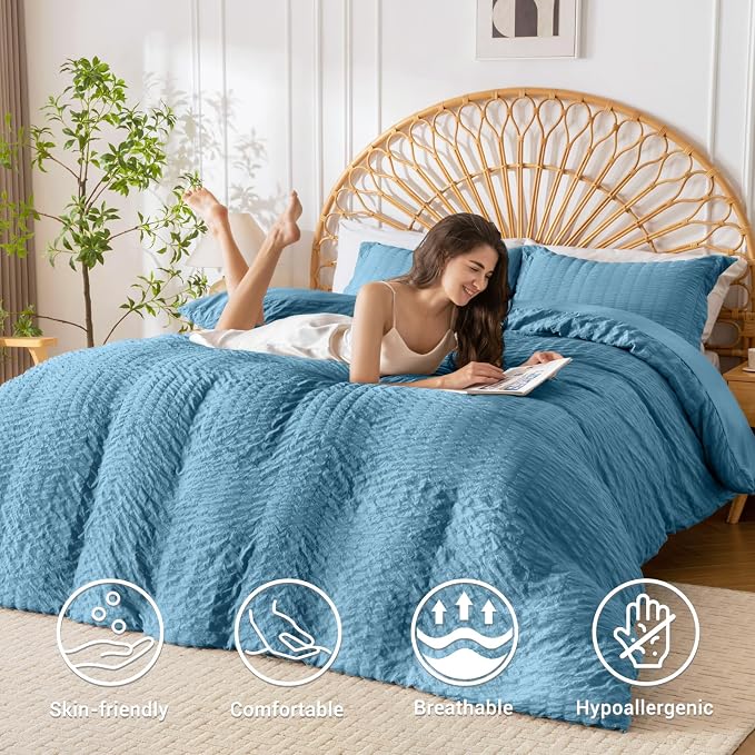 HYMOKEGE Mineral Blue Duvet Cover Full Size, Ultra Soft 3-Piece Seersucker - Image 2