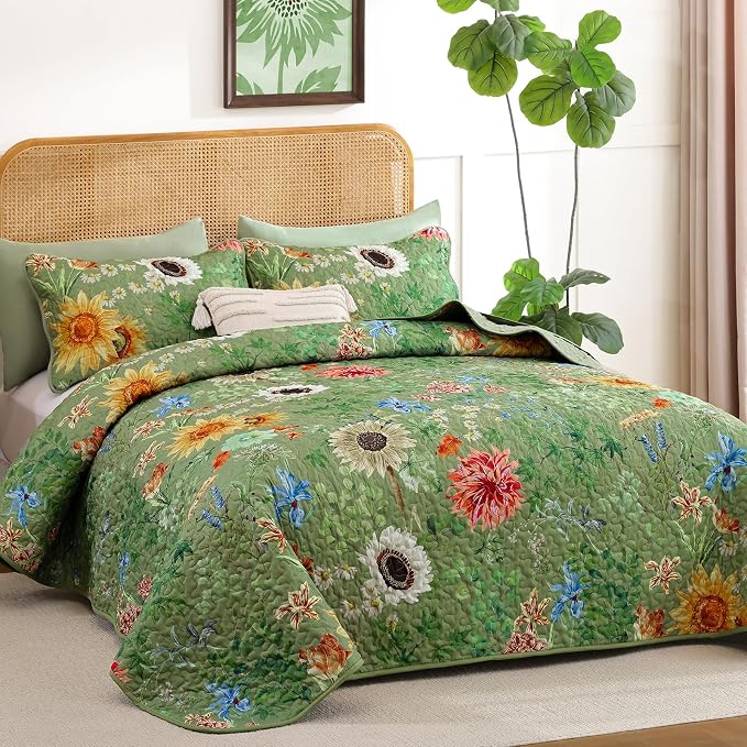 Yiran Floral Quilts Queen Size, 3 Pieces Spring Summer Sunflower Soft - Image 2