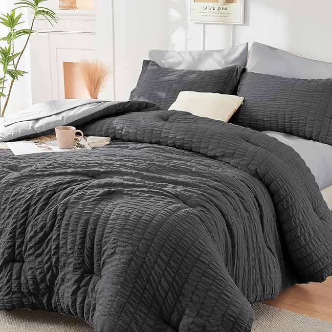 HYMOKEGE Dark Grey/Light Grey California King Comforter Set Seersucker 7 Pieces by HYMOKEGE
