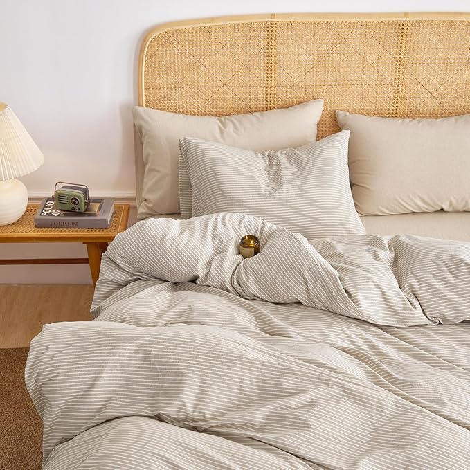 Wake In Cloud - Striped Cotton Duvet Cover Set, 100% Washed Cotton Textured - Image 5