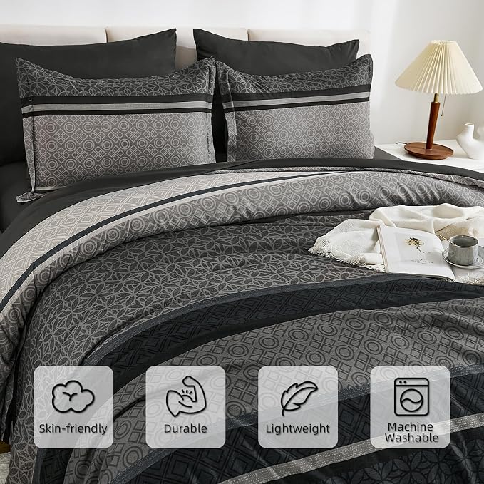 WONGS BEDDING 7 Pieces Comforter Set King Size, Dark Grey Black Striped Bed in - Image 5