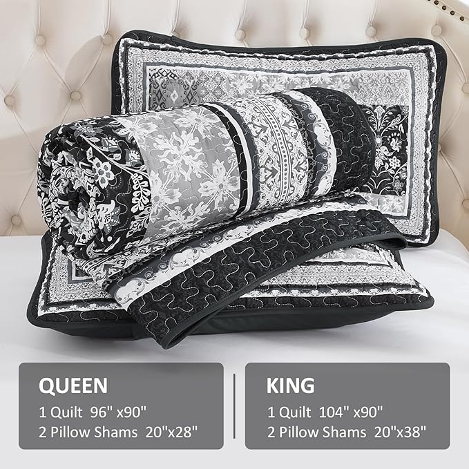 WONGS BEDDING Black Quilt Set King Size, 3 Pieces Boho Patchwork Bedspread - Image 6