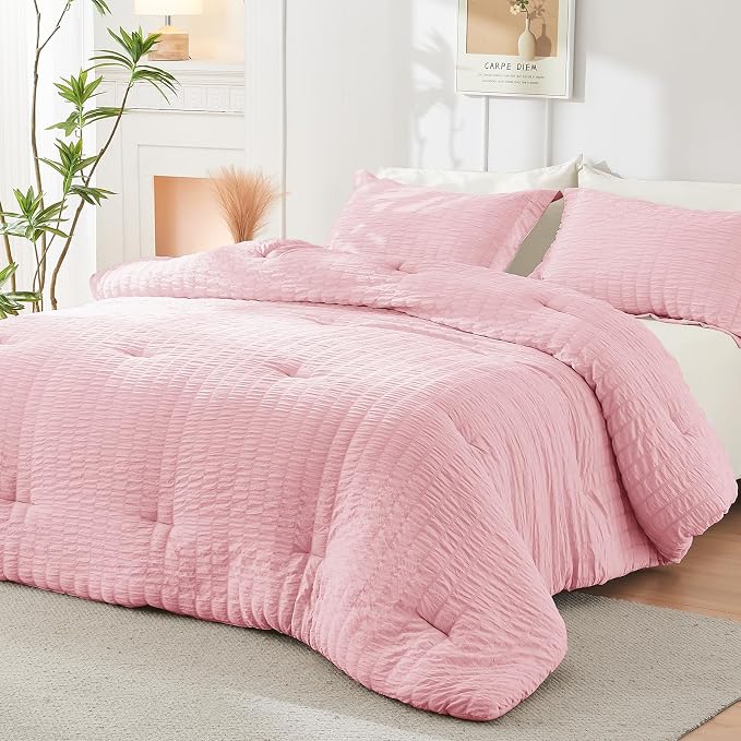 HYMOKEGE Pink/Ivory Twin Comforter Set Seersucker 5 Pieces, All Season Luxury - Image 8